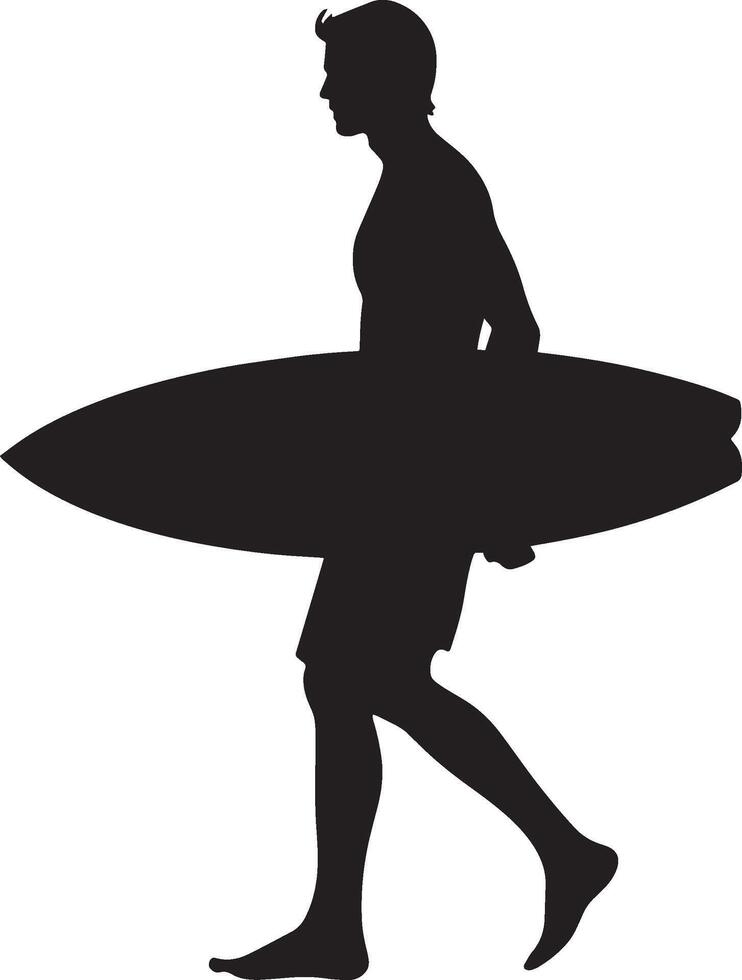 Surfboard on Shoulder A surfer walking with a board resting on their shoulder. full length silhouette black illustration vector