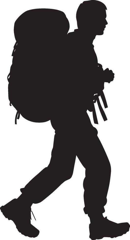 Hiker Carrying a Backpack A person walking with a large backpack, slightly tilted forward. full length silhouette black illustration vector