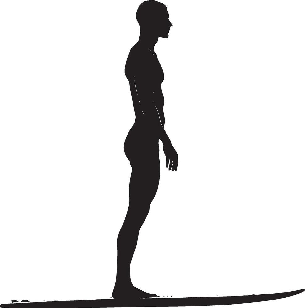 Standing on Surfboard A surfer balanced upright, knees slightly bent, arms extended for stability. full length silhouette black illustration vector