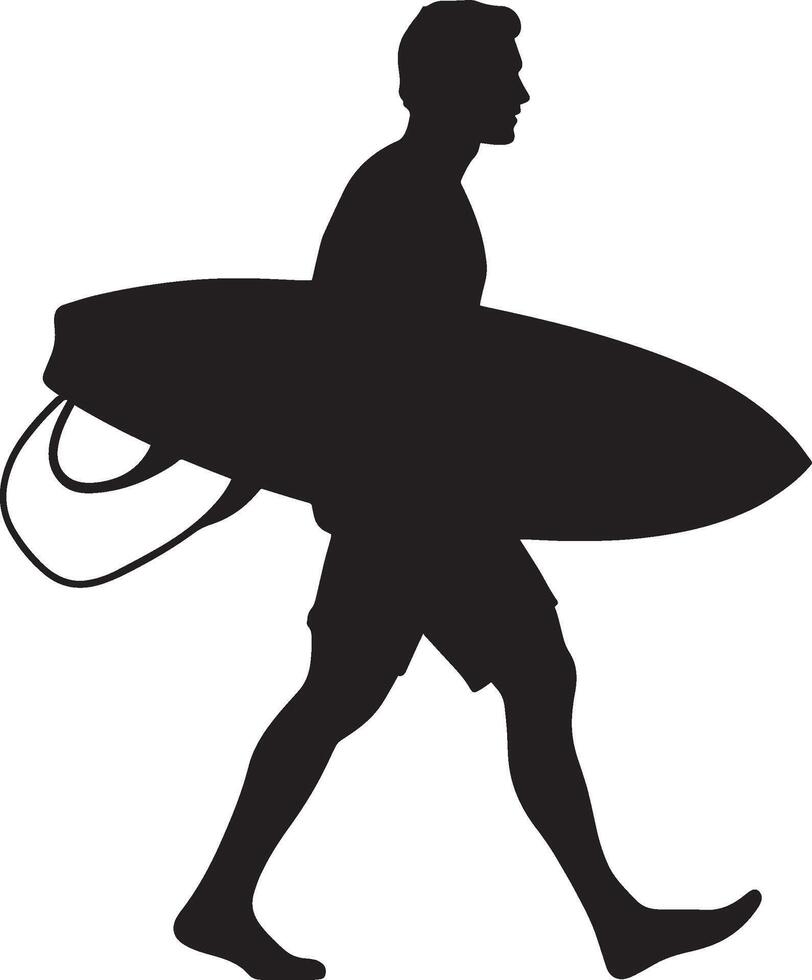 Surfboard Shoulder Carry Surfer strolling with board, black illustration. vector
