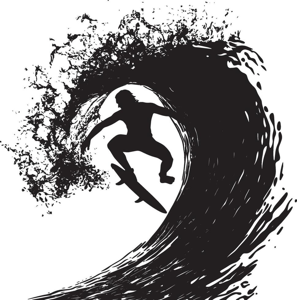 A surfer crouched low, riding inside the hollow barrel of a wave. full length silhouette black illustration vector