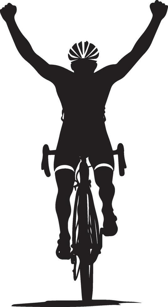 Crossing the Finish Line Cyclist with arms up in celebration, full-length silhouette. vector
