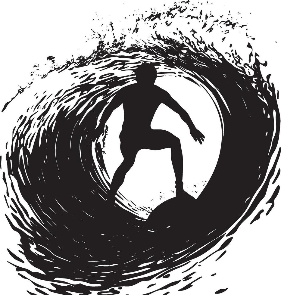 Barrel Ride Silhouette Surfer crouched low inside a curling wave, black . vector