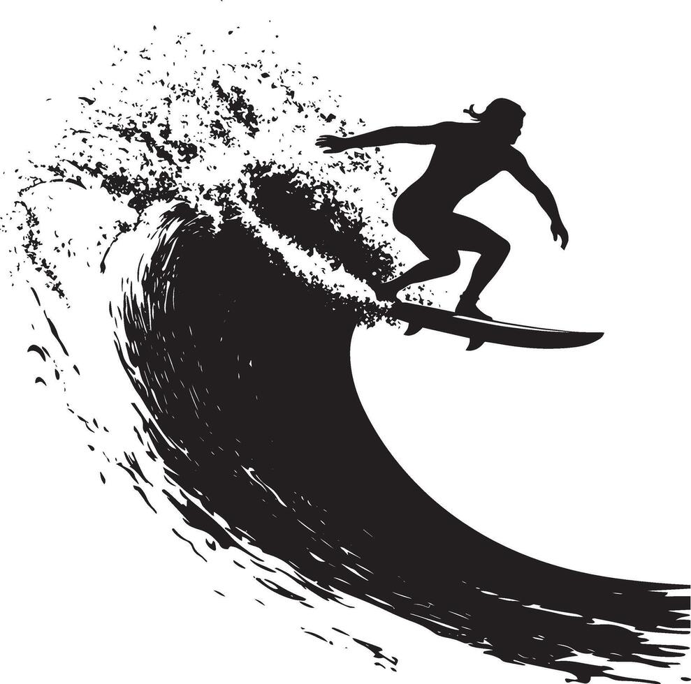 A surfer riding along the top of a breaking wave. full length silhouette black illustration vector