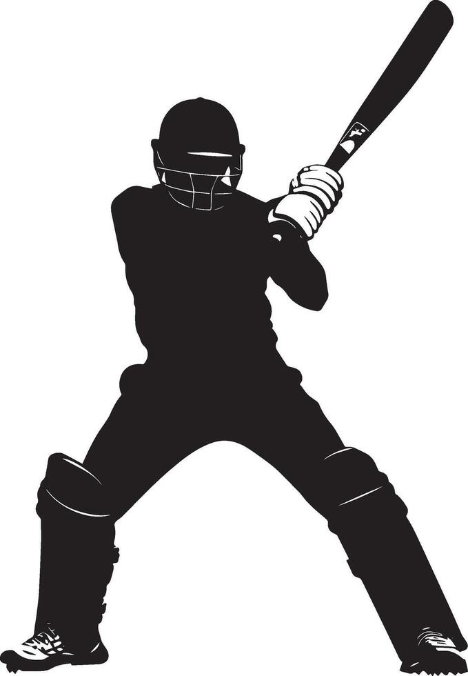 Big Shot Cricket Pose Batter completing a strong stroke, bat fully stretched, silhouette . vector