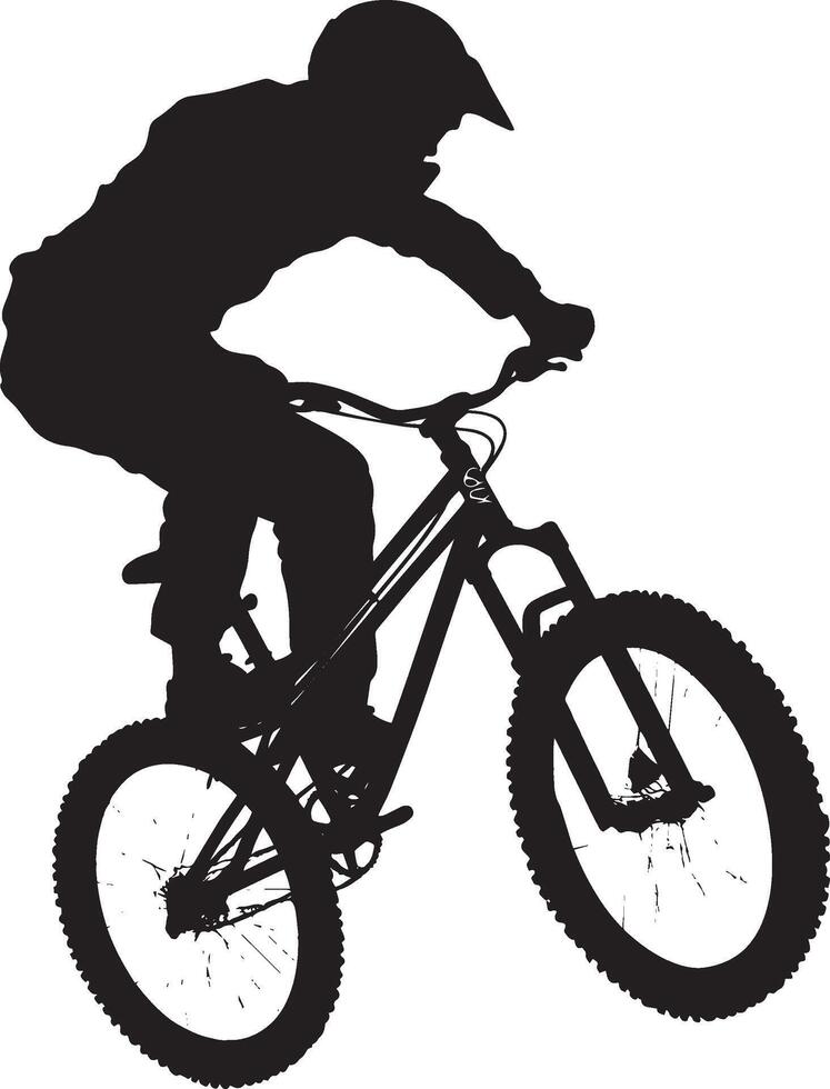 Airborne Cyclist Rider mid-jump, bike angled, black silhouette . vector