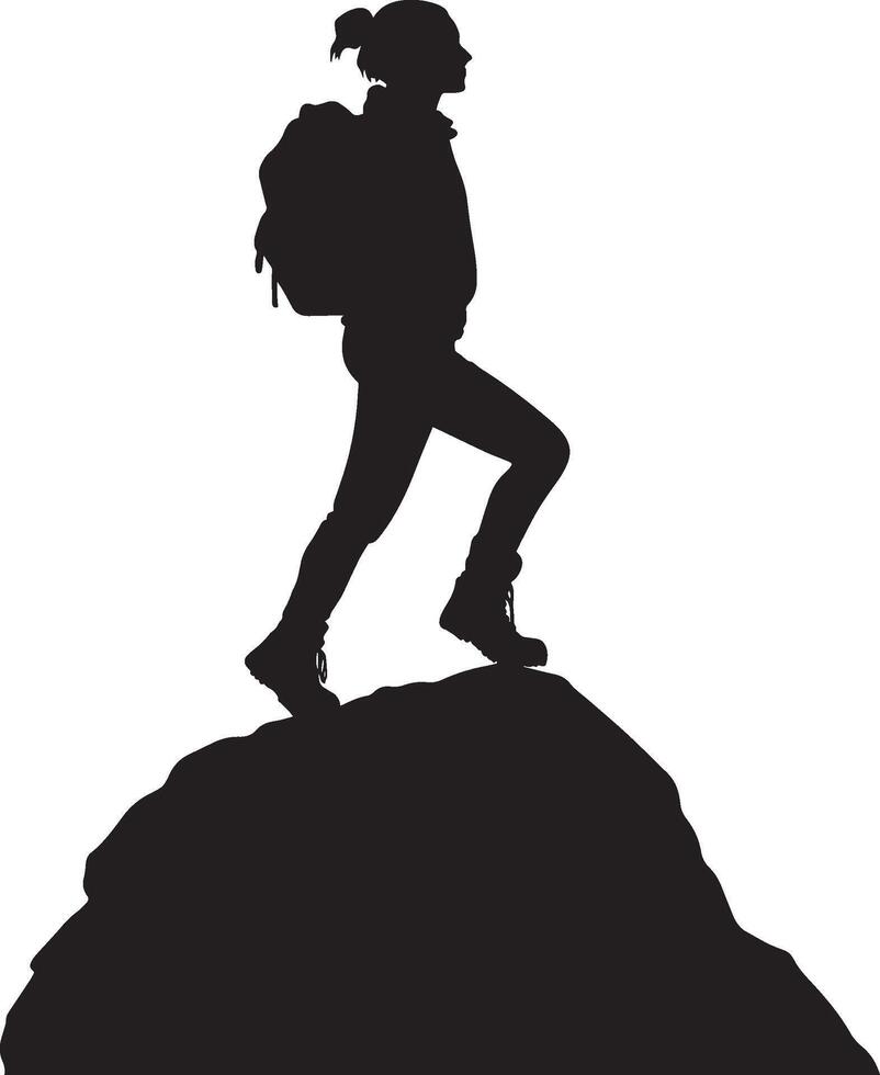 Mountain Pose Hiker standing tall on a rock, foot lifted in a confident stance, black silhouette. vector