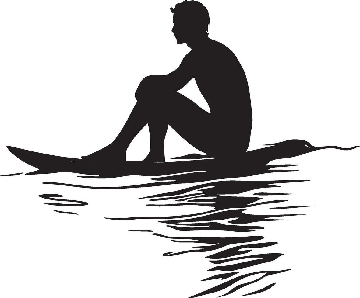 Sitting on Surfboard A surfer sitting on the board, legs dangling in the water, looking at the waves. full length silhouette black illustration vector