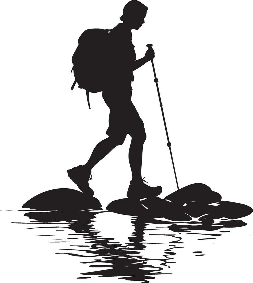 Water Crossing Hiker Individual navigating a river, stepping on rocks, black silhouette. vector