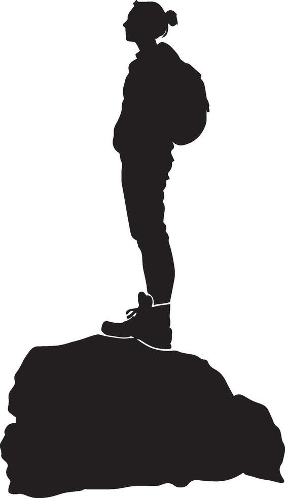 Summit Pose Person on a rock, one foot raised, striking a confident pose, silhouette illustration. vector