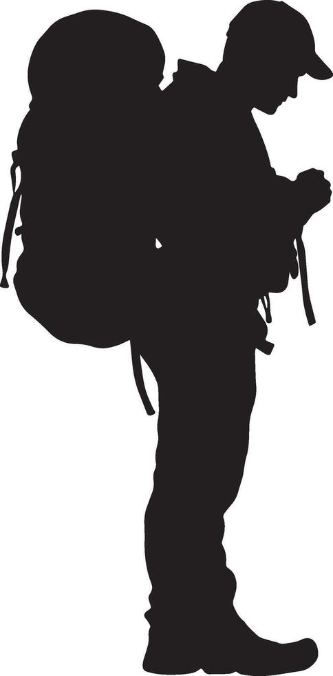 Backpack Repositioning Hiker shifting backpack weight, silhouette illustration. vector