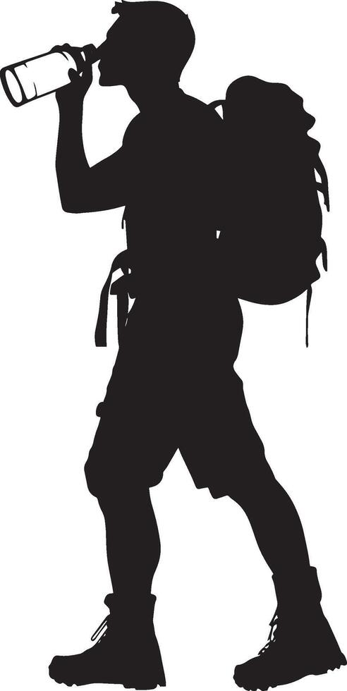 Hiker Drinking Water A person lifting a water bottle to their lips. full length silhouette black illustration vector