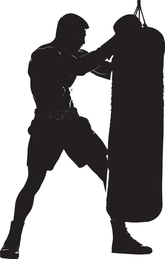 Powerful Bag Hit Boxer striking a heavy bag with full force, full-length silhouette . vector