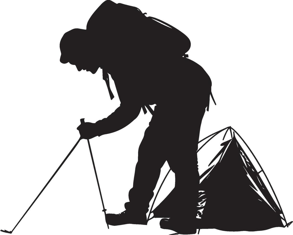 Hiker Setting Up Tent A person bending down, securing tent stakes or poles. full length silhouette black illustration vector