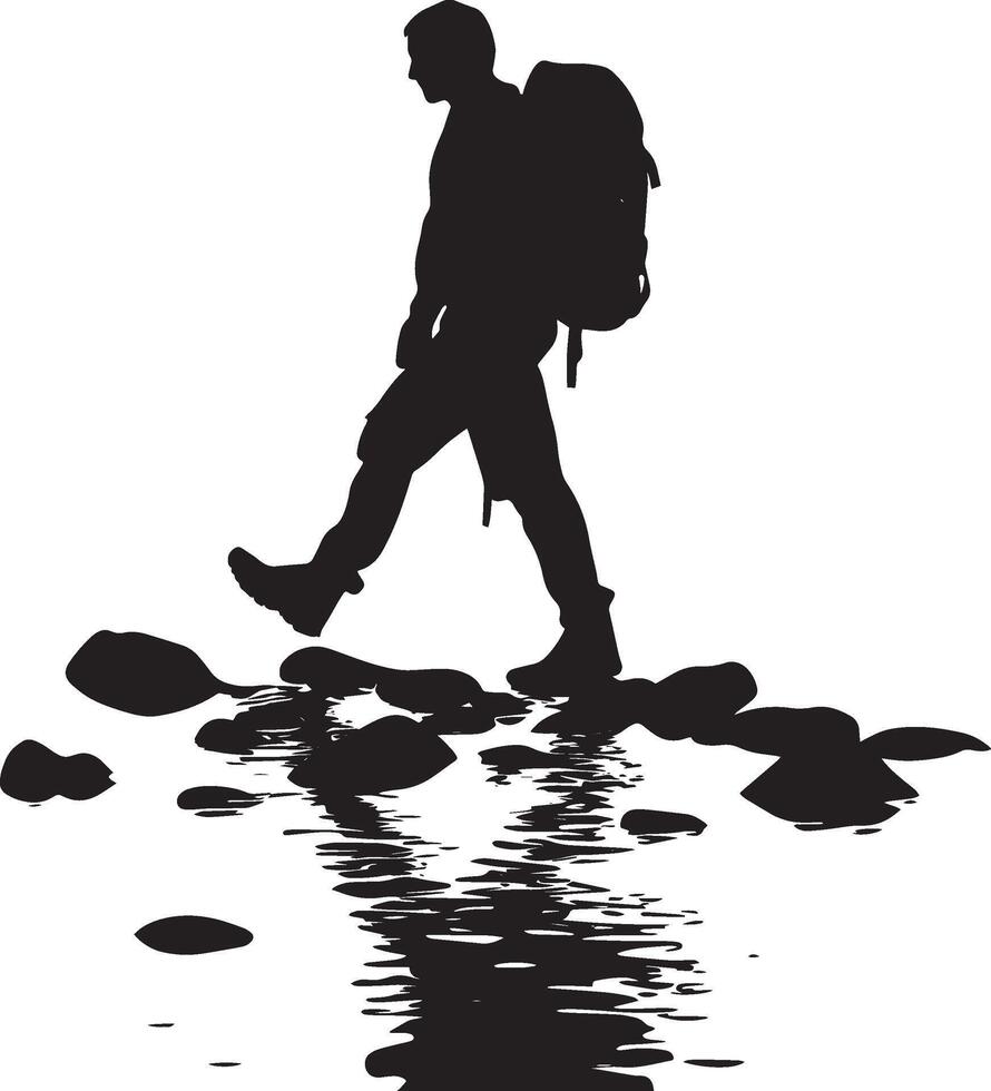River-Crossing Hiker Person stepping on rocks or wading through shallow water, full-length silhouette . vector