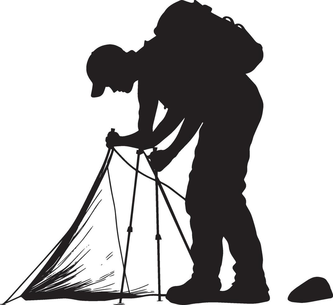 Tent Setup Hiker Person bending to secure tent stakes, full-length silhouette . vector