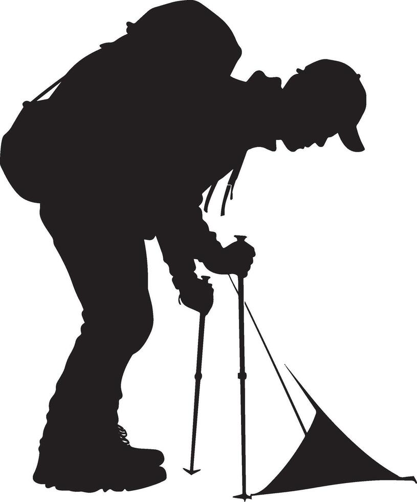 Hiker Pitching Tent Person bending down, fixing tent stakes, silhouette illustration. vector