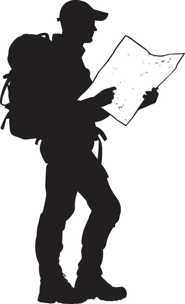 Trail Navigation Hiker examining a map, full-body silhouette, black illustration. vector