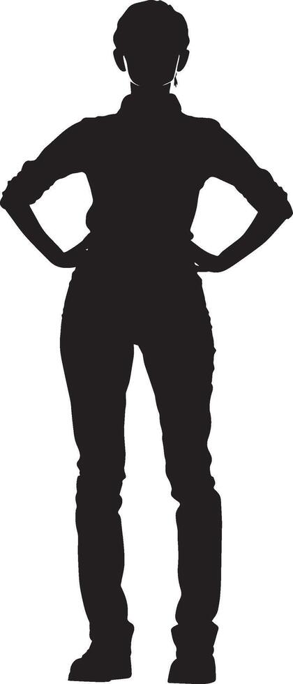 Hiker Standing Still A person standing tall, looking ahead with hands on hips or holding a walking stick. full length silhouette black illustration vector