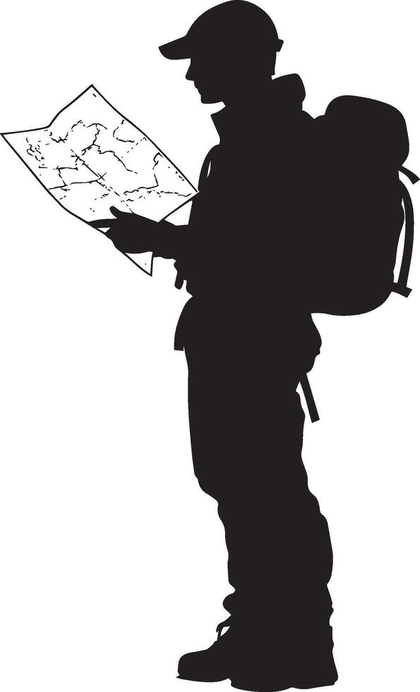 Hiker with Map Individual studying a folded map, black silhouette. vector