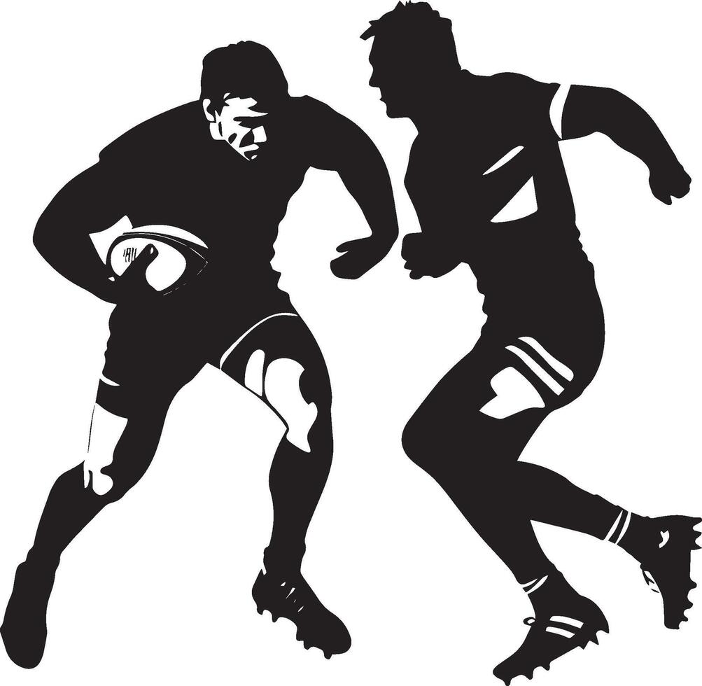 Breaking Tackle A rugby player pushing through an attempted tackle, with one arm extending to fend off the defender. full length silhouette black illustration vector