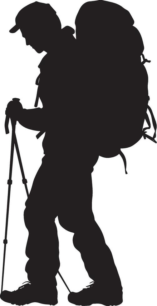 Hiker with Backpack Person adjusting straps or balancing load, black silhouette. vector