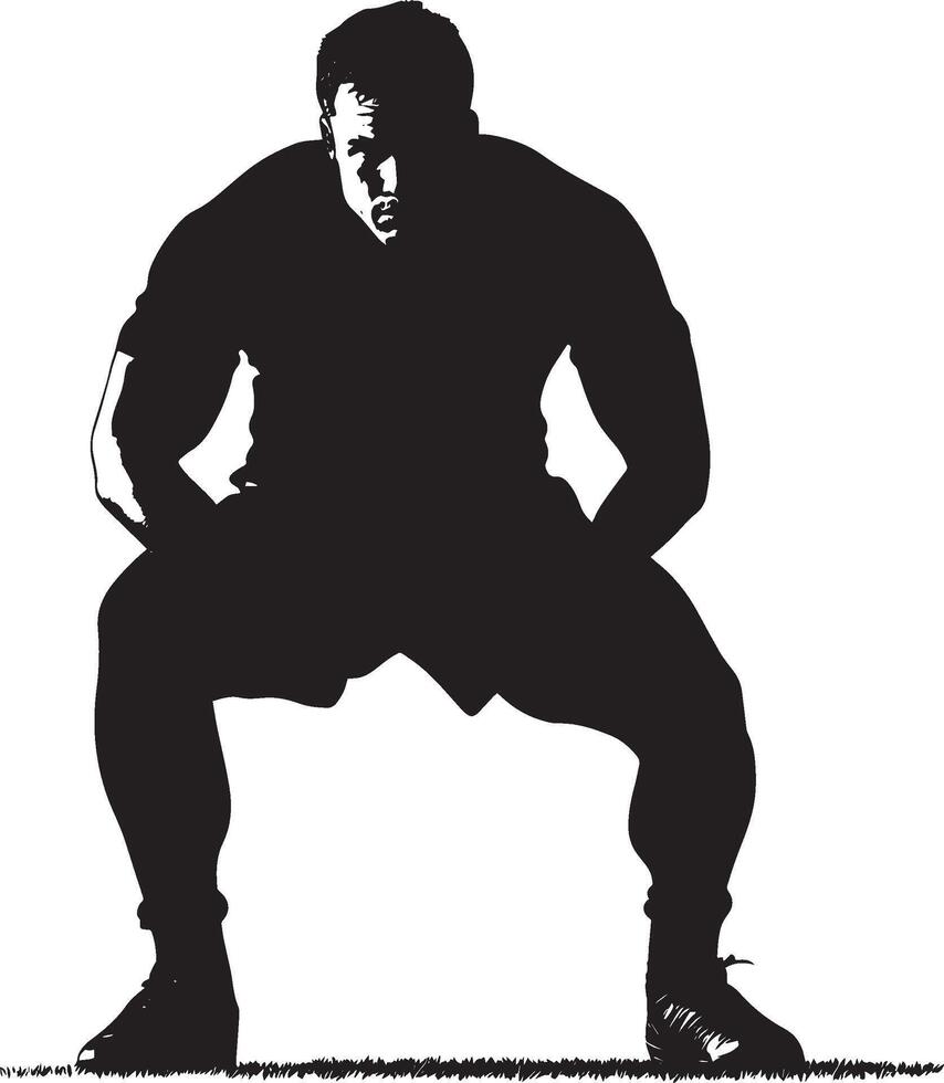 Crouched Rugby Pose Player in a low stance, preparing to move, black silhouette. vector