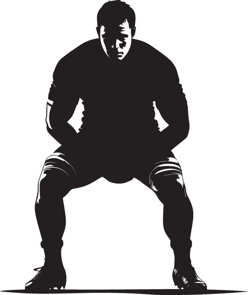 Rugby Power Stance Player in a crouch, poised for action, full-body silhouette. vector