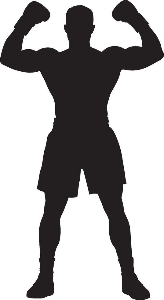 Winning Pose Boxer celebrating with arms raised in victory, silhouette illustration. vector