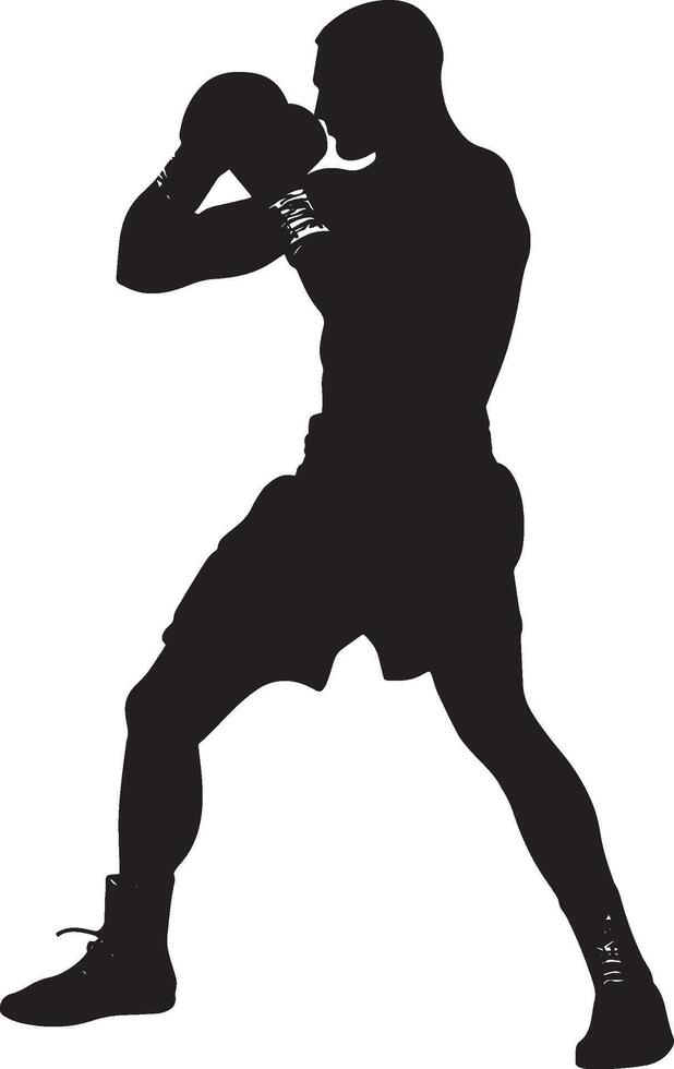 Defensive Step Boxer backpedaling, hands in guard position, black silhouette. vector
