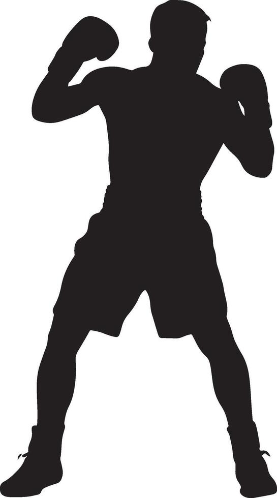 Guarded Stance Boxer blocking a punch with raised arms, full-body silhouette. vector