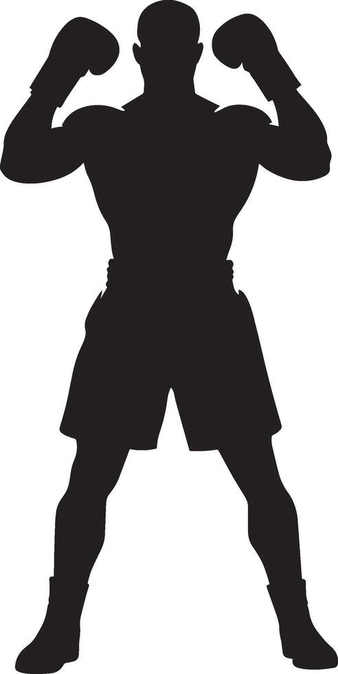 Guarded Pose Boxer with fists high to defend head and chin, black art. vector