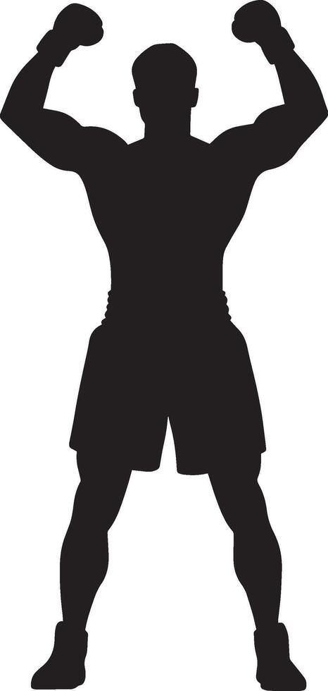 Boxing Victory Fighter raising fists in triumph, black art. vector