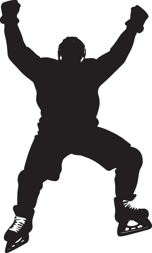 Goal Celebration Player in mid-celebration after scoring, arms raised, skates kicking up ice, full-length silhouette . vector