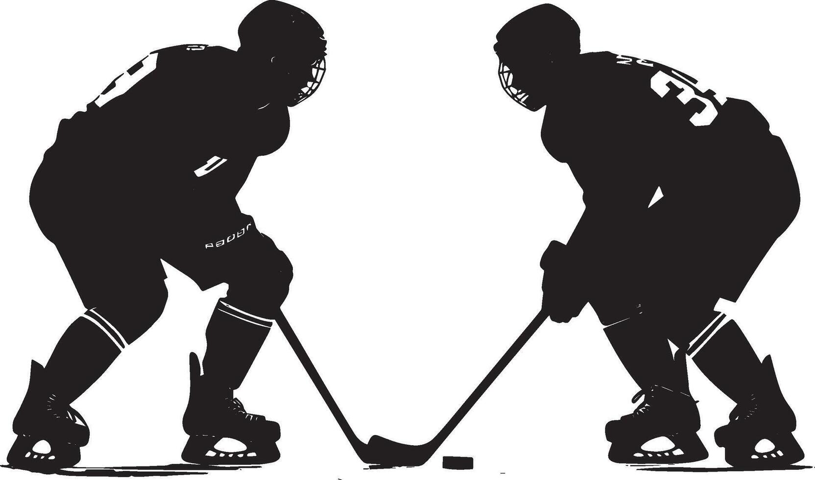 Poised for Faceoff Two hockey players crouching in the circle, sticks prepared, silhouette illustration. vector