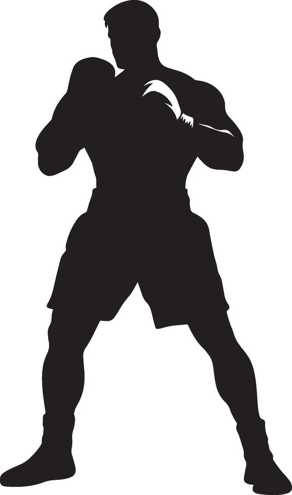 Preparing for Cross Punch Boxer with fists close to the face in a cross guard position, black silhouette. vector