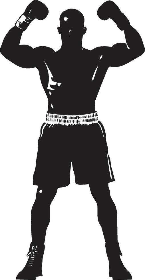 Triumphant Boxer Fists raised in victory after a win, black silhouette. vector