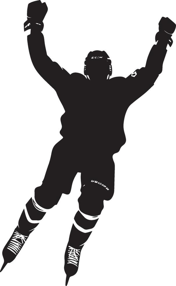 Victory Spin Player celebrating a goal, arms raised, skates kicking up ice, silhouette illustration. vector