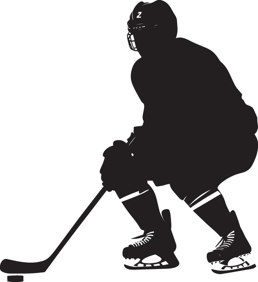 Poised for Puck Drop Player in crouching position, stick on the ice, ready for the faceoff, black silhouette. vector