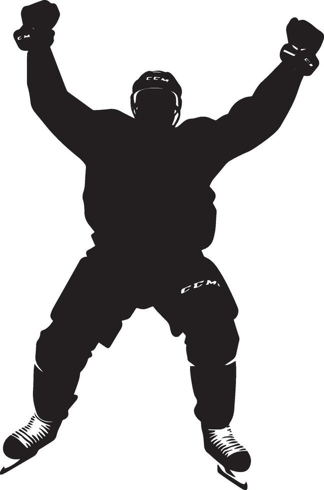 Scoring Triumph Player celebrating a goal, arms lifted high, spinning away from the net, black silhouette. vector