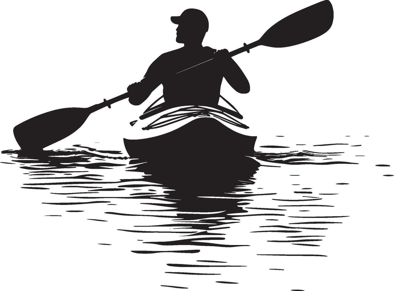 Kayaking Silhouette A person paddling a kayak in a calm river or lake, leaning slightly forward with oars in motion. full length silhouette black illustration vector