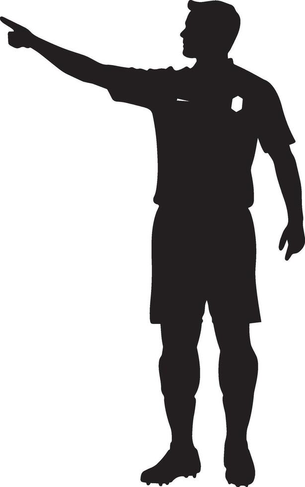 A silhouette of a referee with one arm raised vertically and the other arm pointed forward toward the team awarded the throw-in. full length silhouette black illustration vector