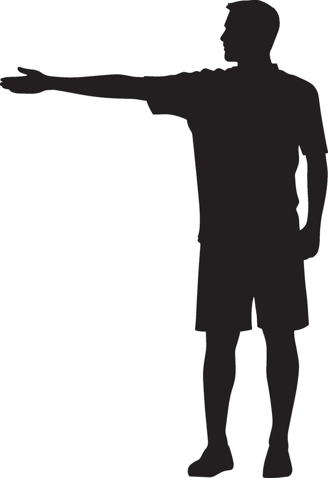 Substitution Signal Referee with one arm extended horizontally, indicating a player entry or exit, full-length silhouette . vector