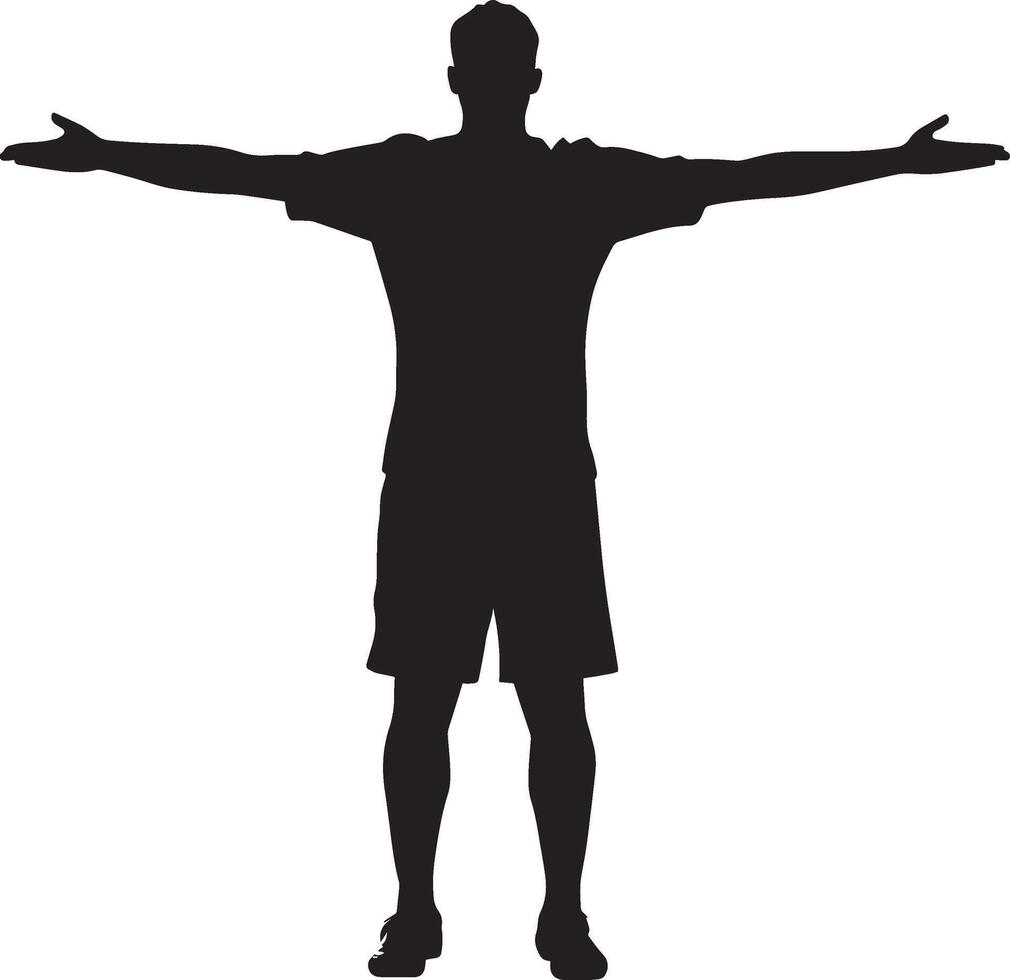 Official with arms outstretched to signal offside by the attacking player, black silhouette. vector