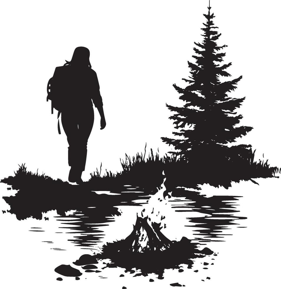 Campsite Departure Person walking away from the site, looking back at the campfire or packed gear, silhouette illustration. vector