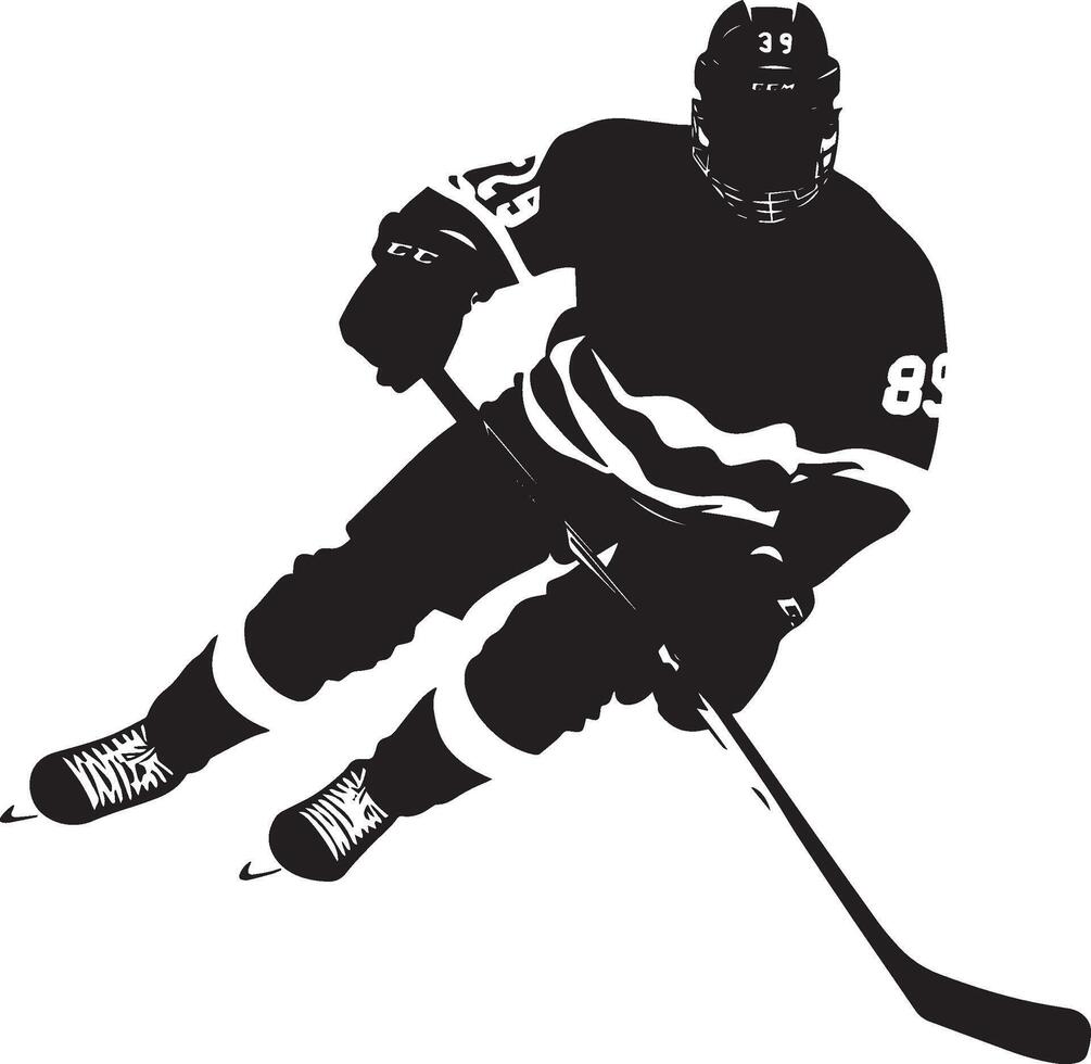 Puck Block Player diving or crouching to intercept the puck, face low, eyes focused, silhouette illustration. vector