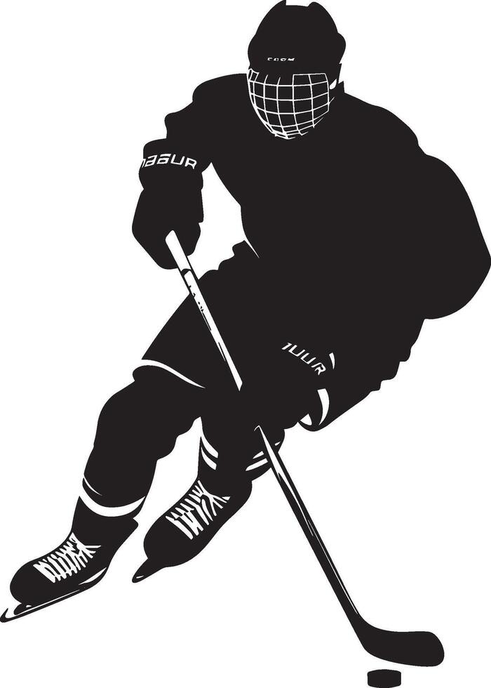Net Attack Player skating aggressively, stick outstretched, preparing for a shot on goal, silhouette illustration. vector