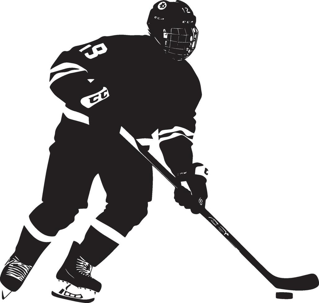 Deking Silhouette A player moving the puck back and forth in front of them, faking a shot or pass to mislead the defender or goalie. full length silhouette black illustration vector