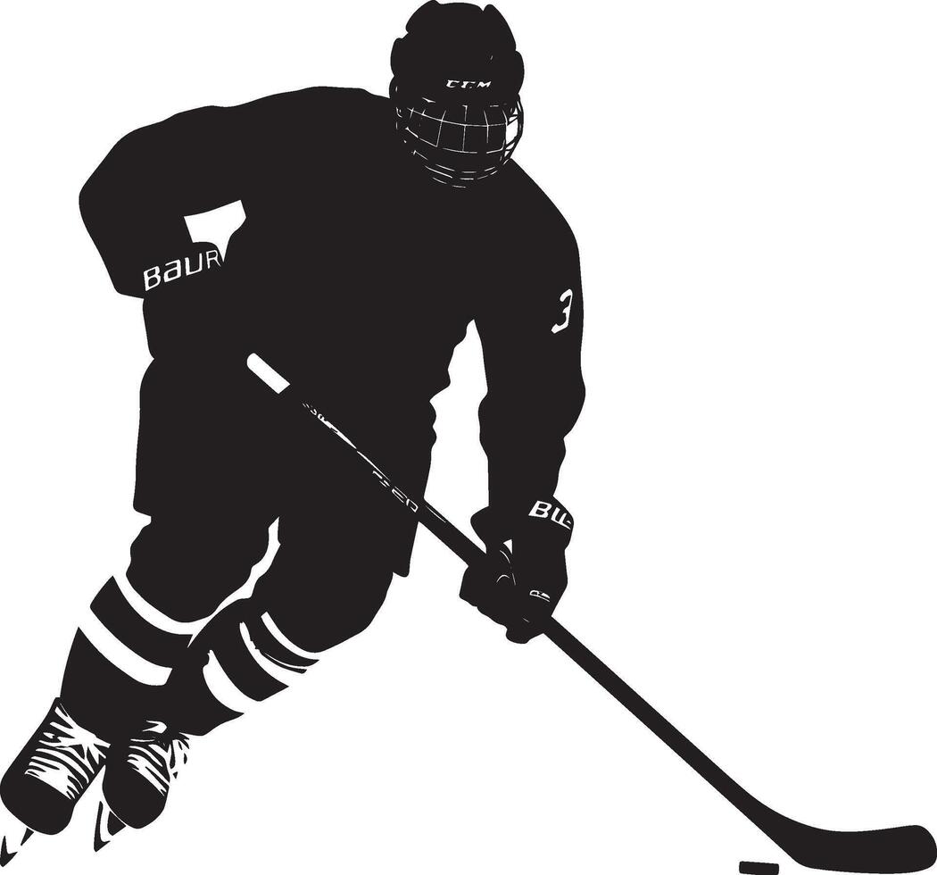 Charging the Net Player skating hard towards the goal with stick extended, preparing to shoot, black silhouette. vector
