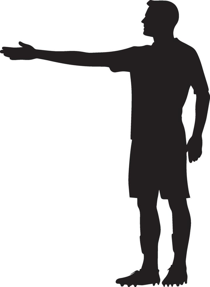 A silhouette of a referee with one arm extended horizontally to the side, indicating that the attacking team is awarded a corner kick. full length silhouette black illustration vector